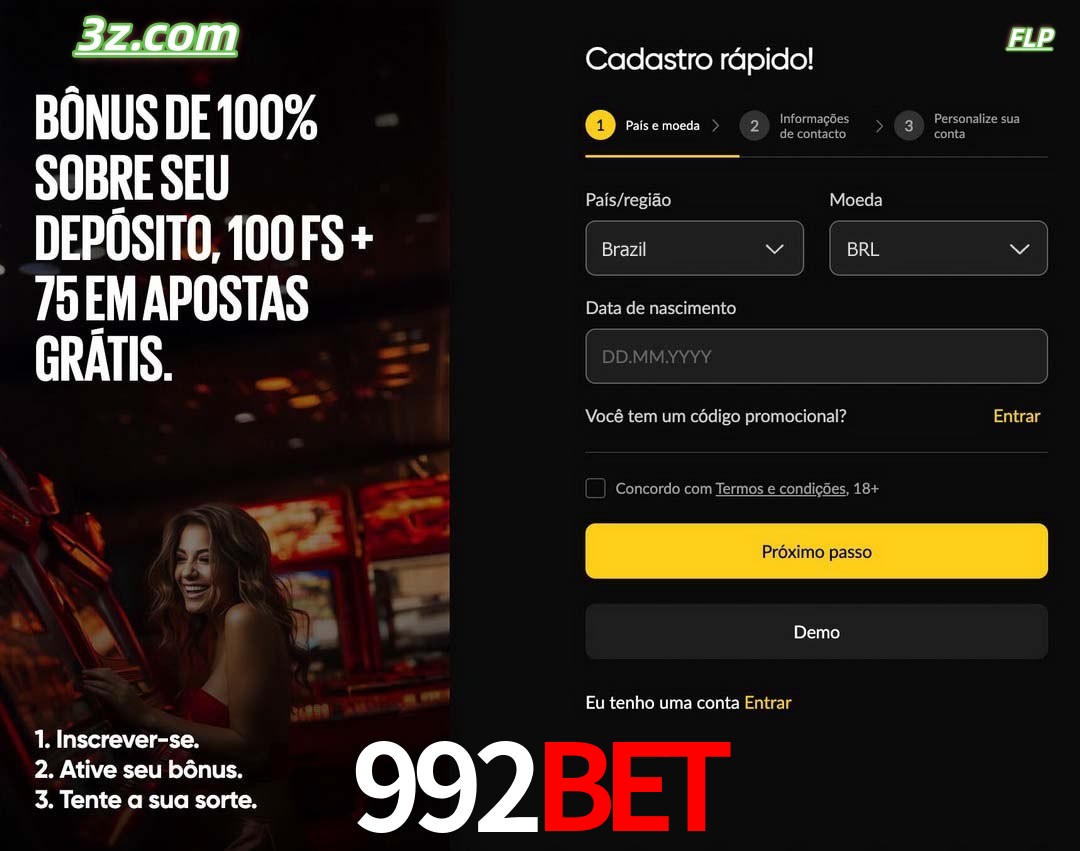 992bet registro oficial cassino online Brasil com bônus de depósito e free spins